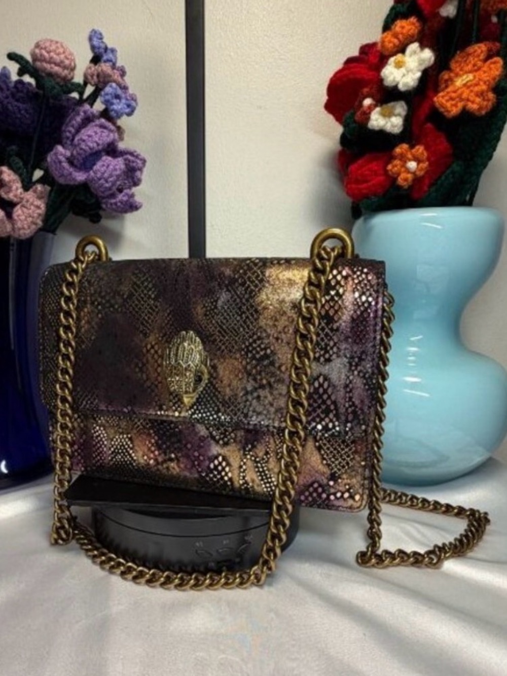 Kurt Geiger Snakeskin-Pattern Metallic Shoreditch With Gold Chain Strap NWT